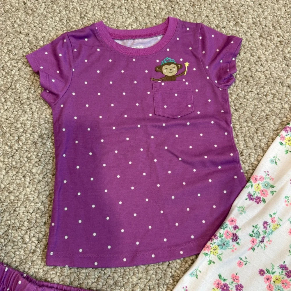 Carters Girls Size 3T Purple Polka Dot Monkey Floral 3 Piece Pajama Set